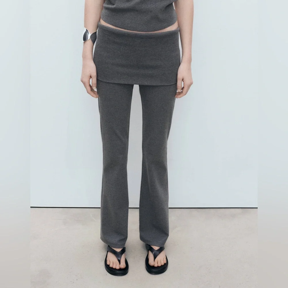 Mango MNG - gray fold over ribbed stretch pants